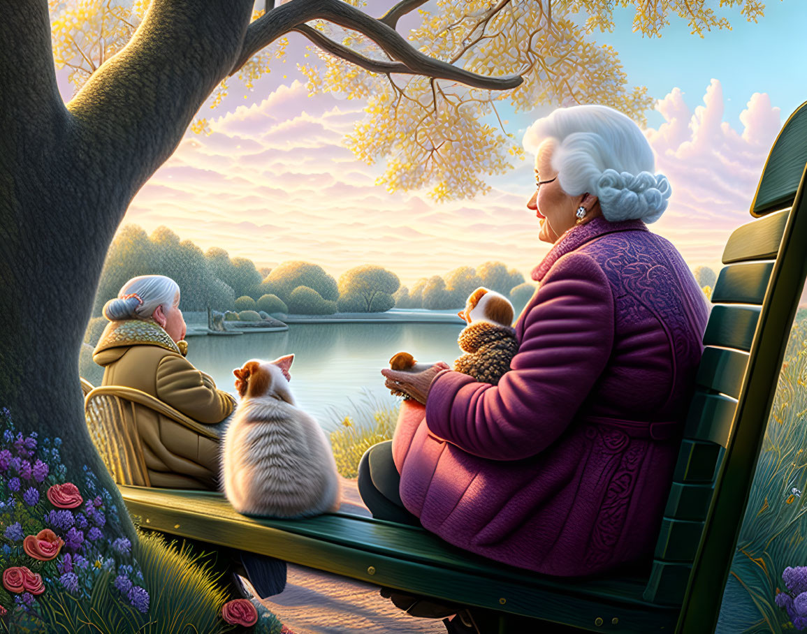 Elderly women and cats at park bench during serene sunset