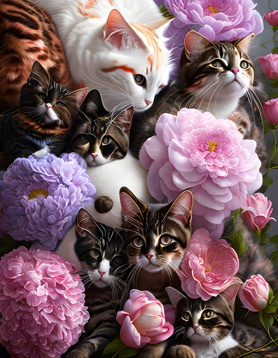 Five Cats Among Vibrant Pink & Purple Flowers in Illustration