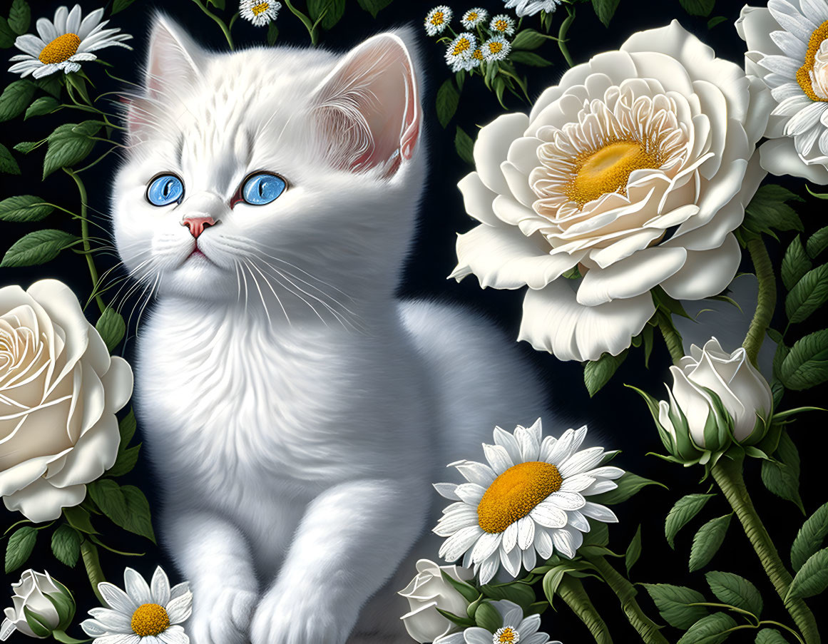 Fluffy white kitten with blue eyes among green leaves and flowers