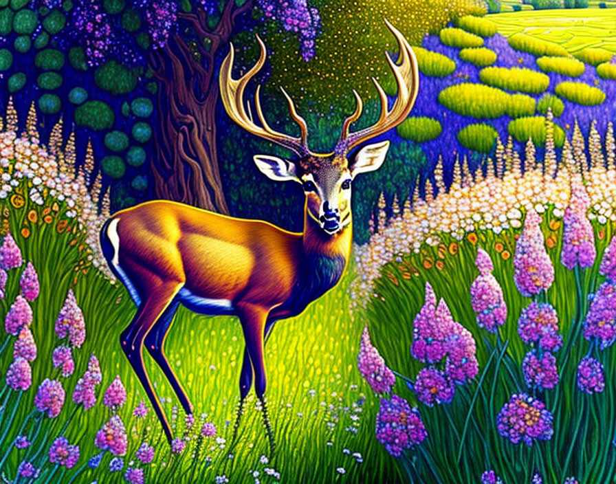 Colorful stylized deer in vibrant forest scene