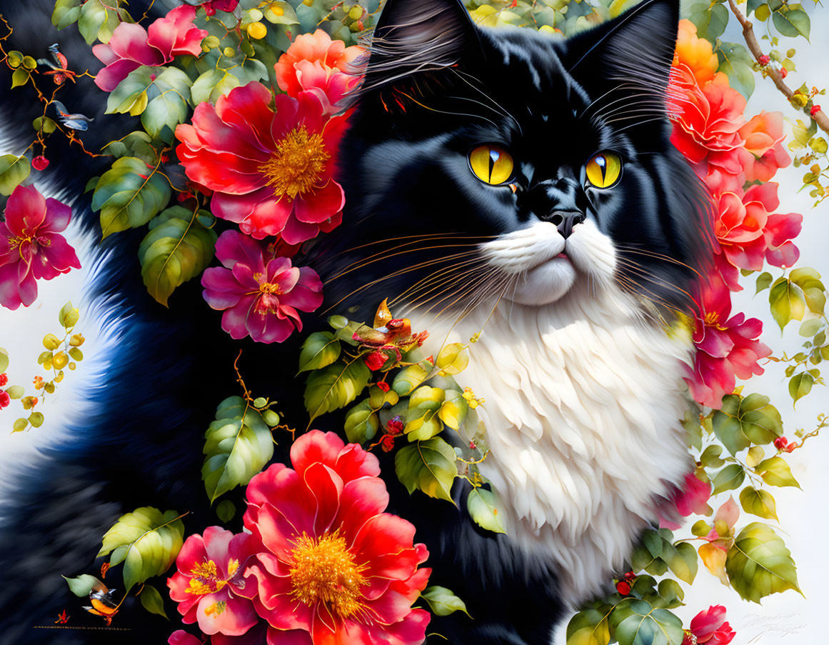 Detailed black and white cat with yellow eyes in floral setting