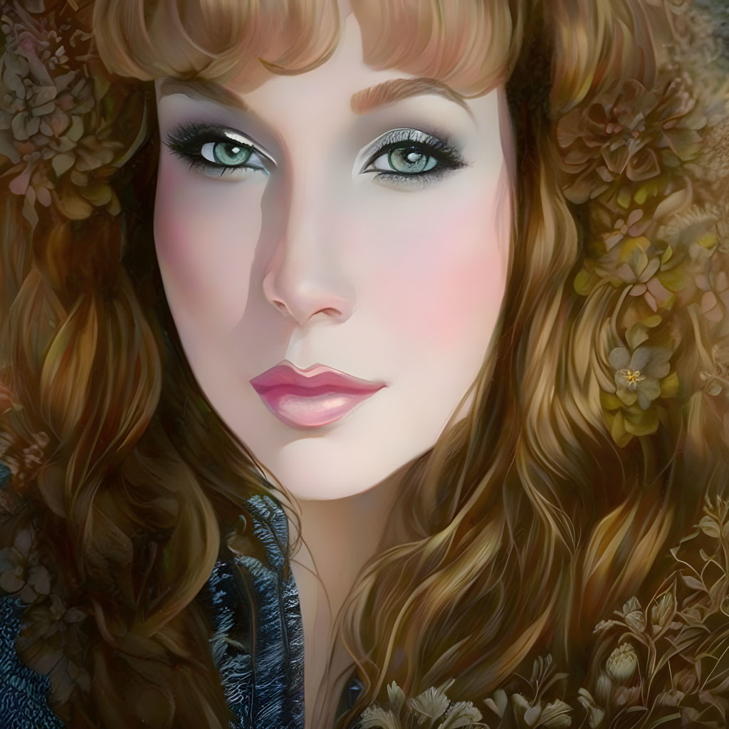 Portrait of woman with blue eyes, long hair, and floral adornment