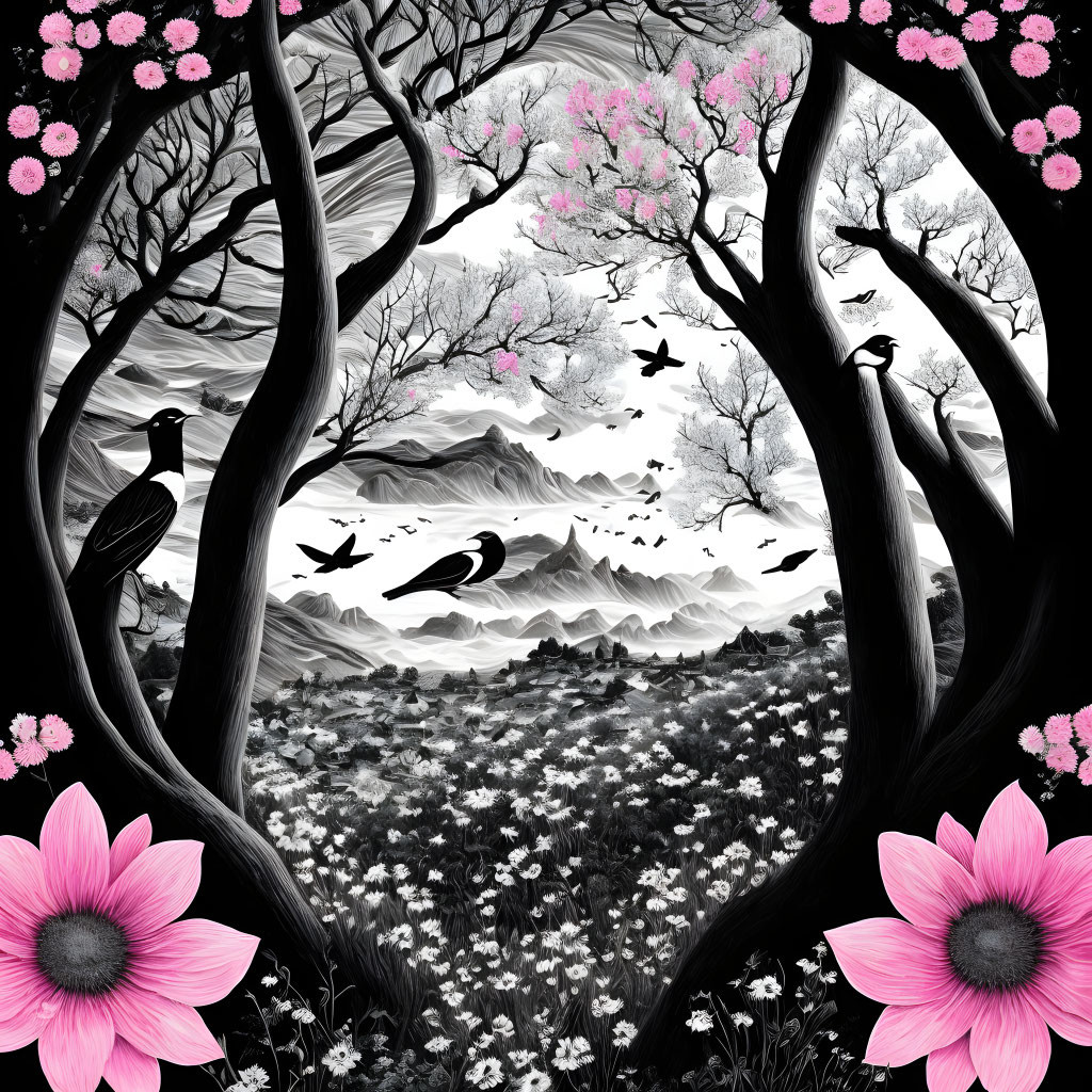 Monochrome landscape with vibrant pink flowers, trees, birds, and mountains