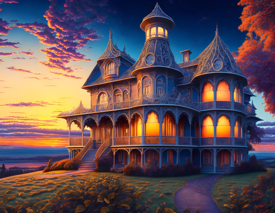 Victorian-style mansion against colorful sunset sky.