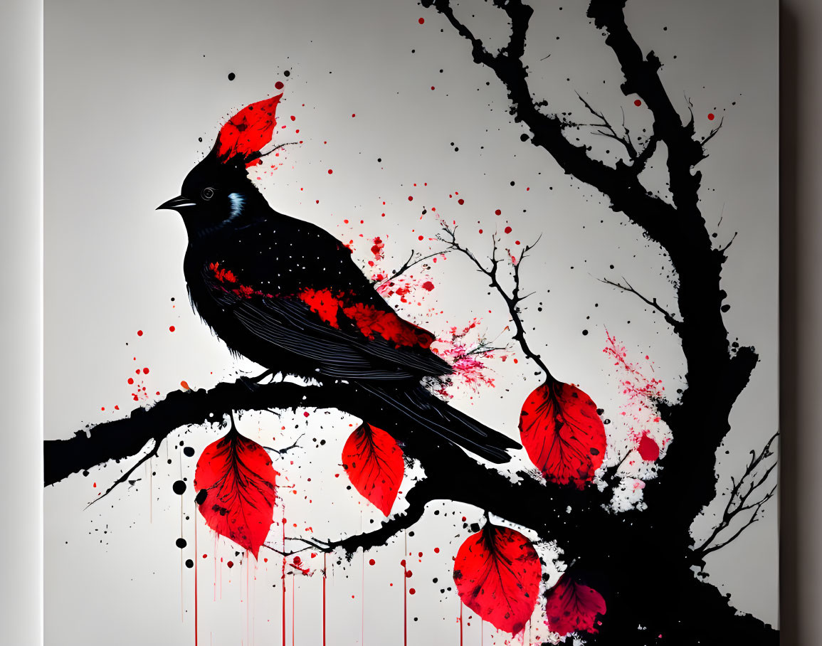 Stylized black bird on branch with red foliage against gray backdrop