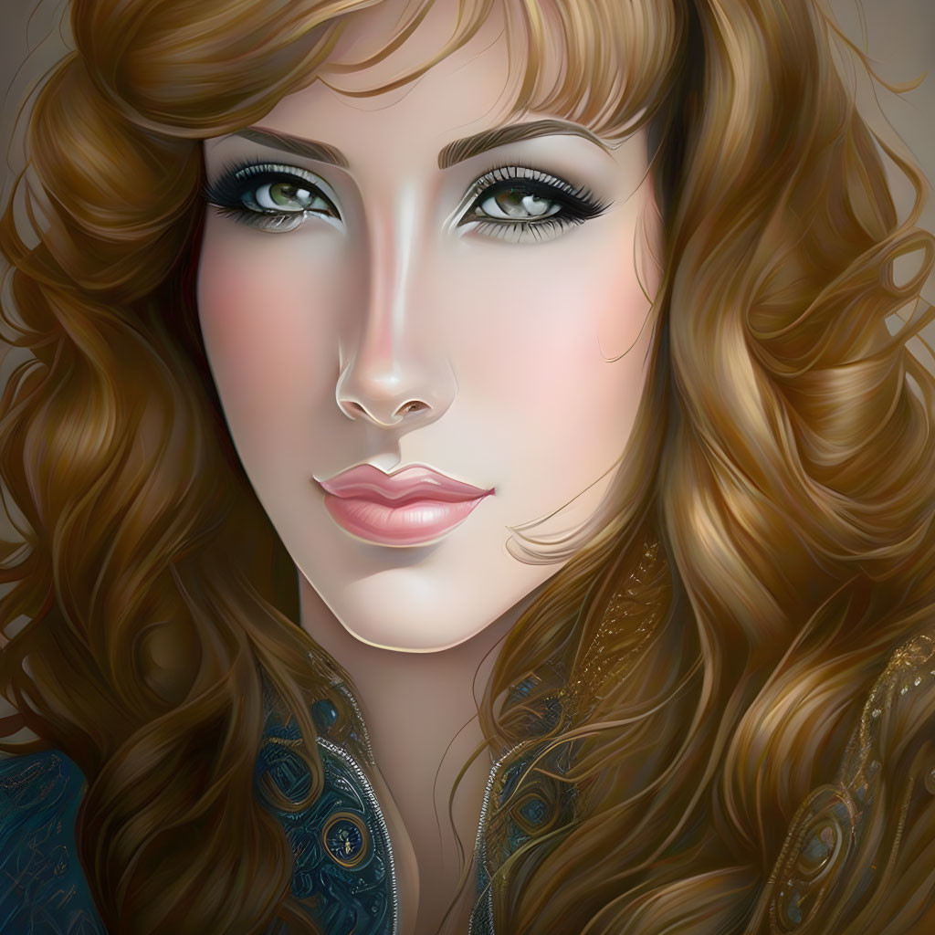 Detailed illustration of woman with long curly hair, green eyes, pink cheeks, full lips, and orn