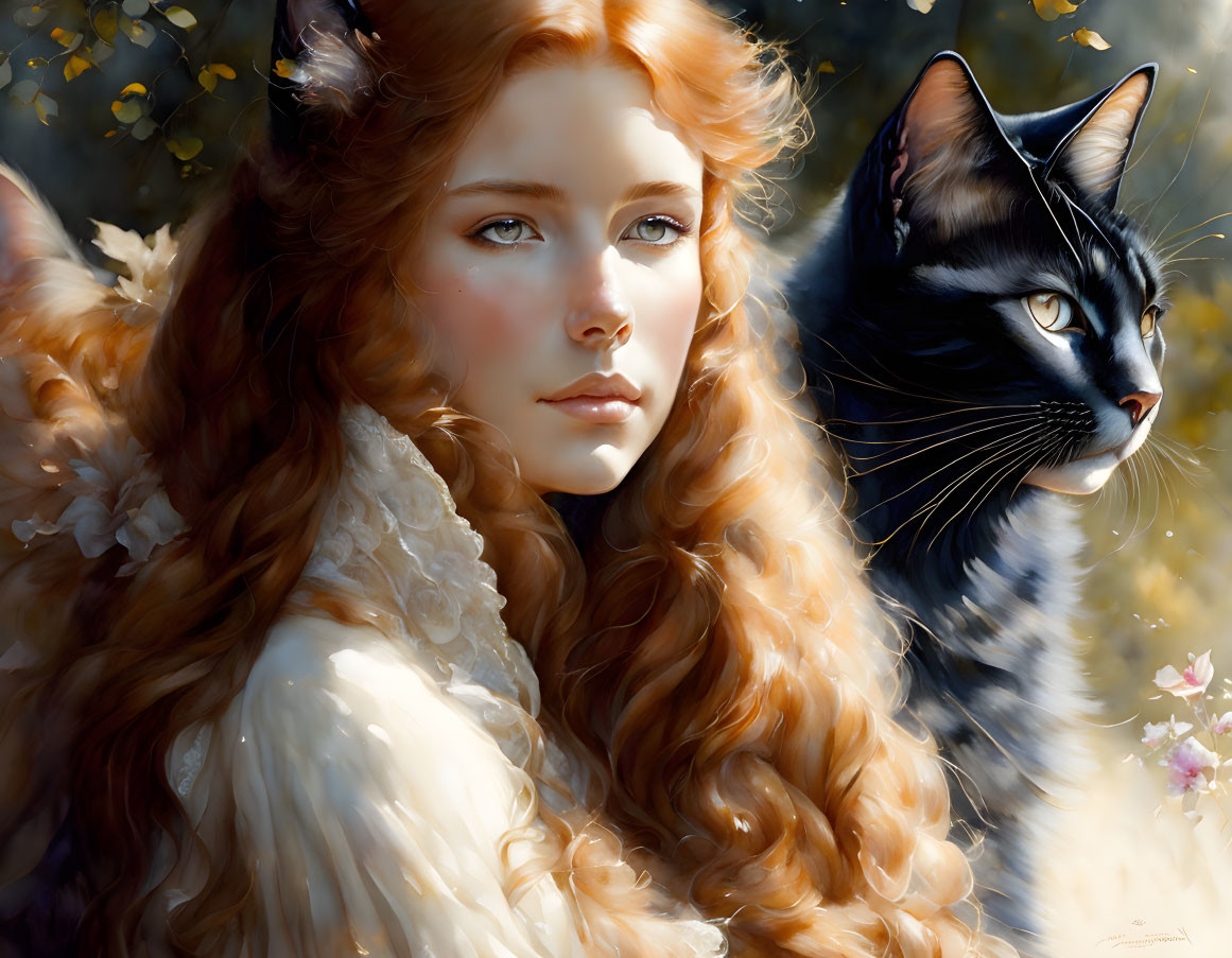 Red-haired woman and black cat in nature with blurred foliage background.