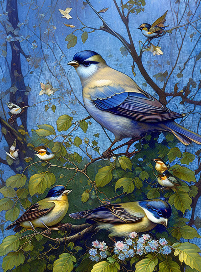 Colorful painting of blue and yellow birds on leafy branches against blue backdrop