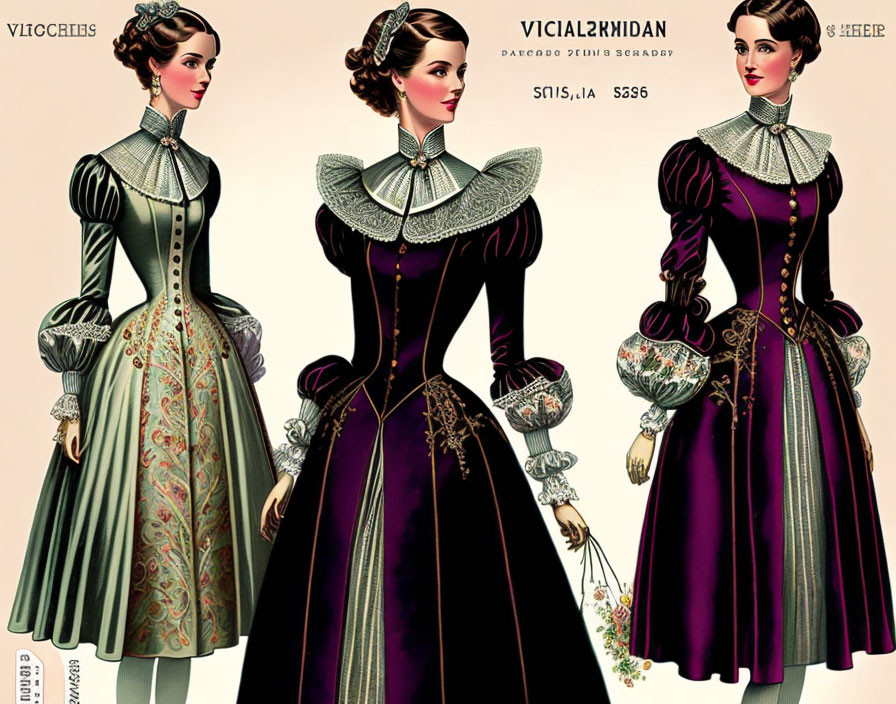 Victorian women in 19th-century dresses with intricate designs