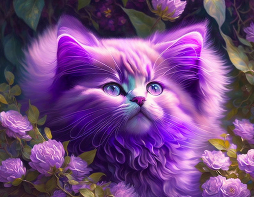 Fluffy purple kitten surrounded by violet flowers and greenery