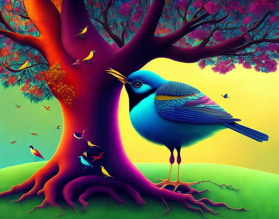 Colorful illustration of vibrant blue bird with intricate patterns near whimsical tree and colorful birds.