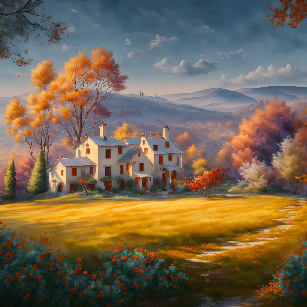 Scenic autumn landscape with white house, vibrant trees, hills, and meadow