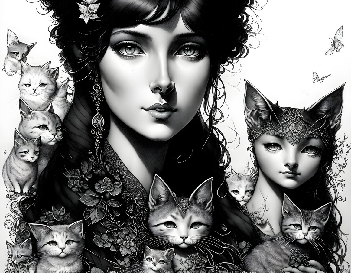 Monochrome illustration of woman with intense eyes, cats, butterflies, and floral patterns