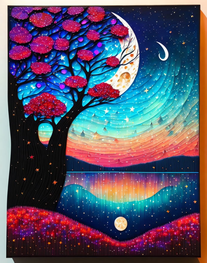 Colorful whimsical night sky with crescent moon, red foliage trees, stars, and reflective water