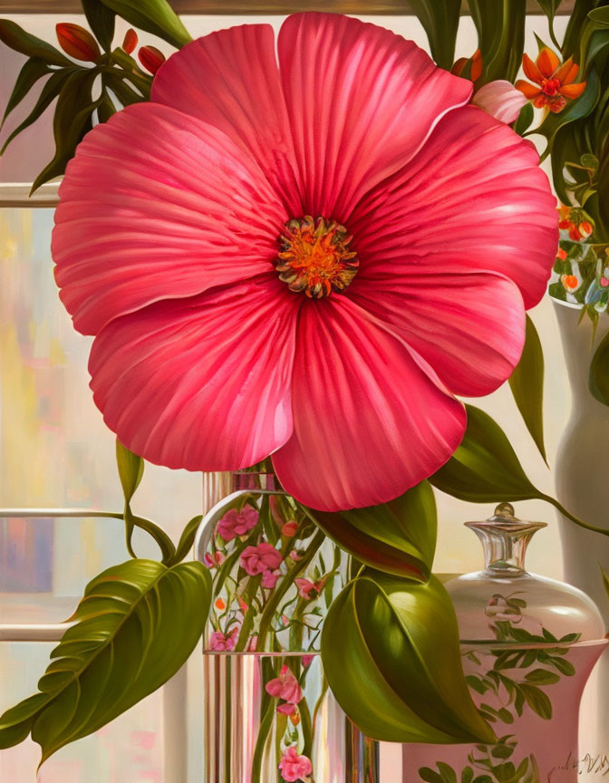 Photorealistic painting of large pink flower in vase with green leaves and smaller flowers by window.