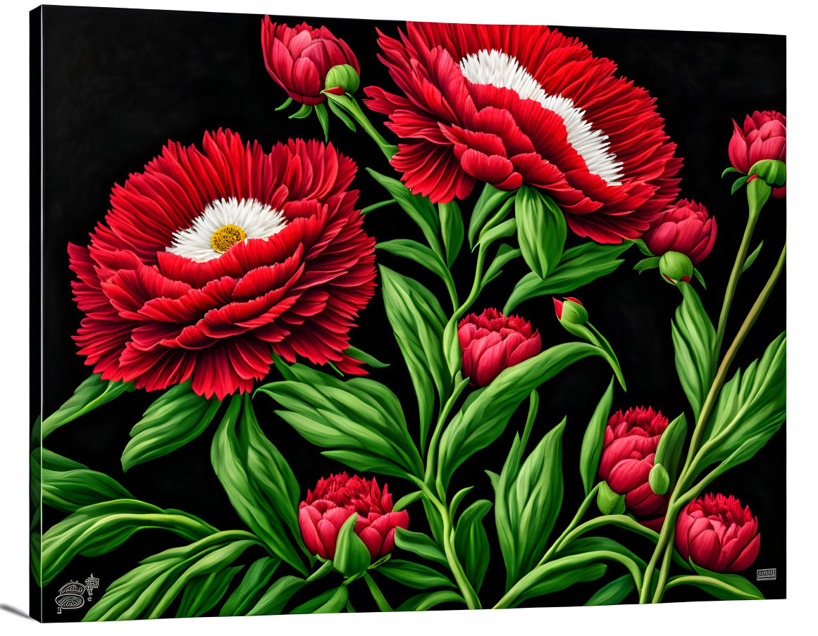 Vivid red peonies with green leaves on dark background