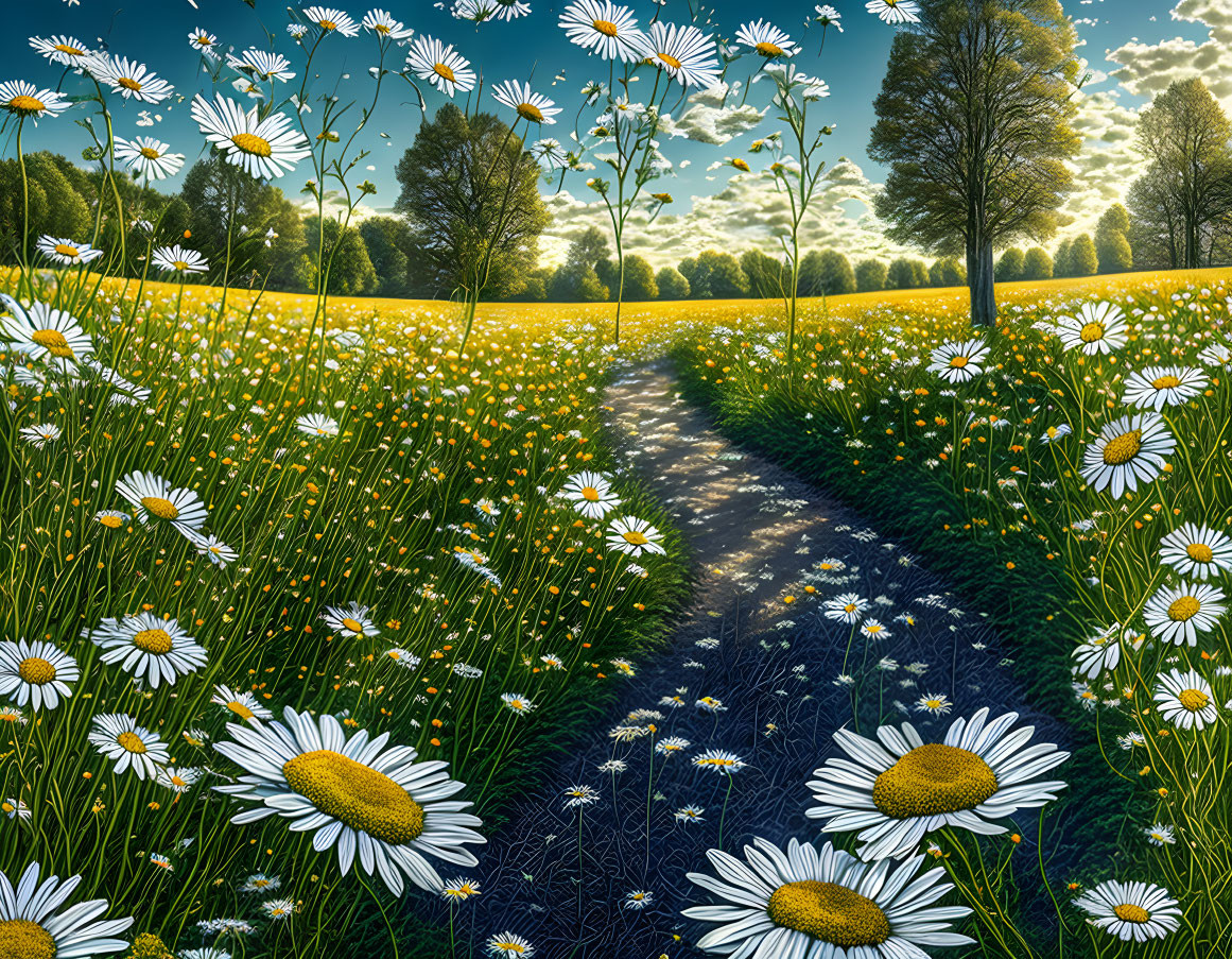 Scenic pathway through daisy field under clear blue sky