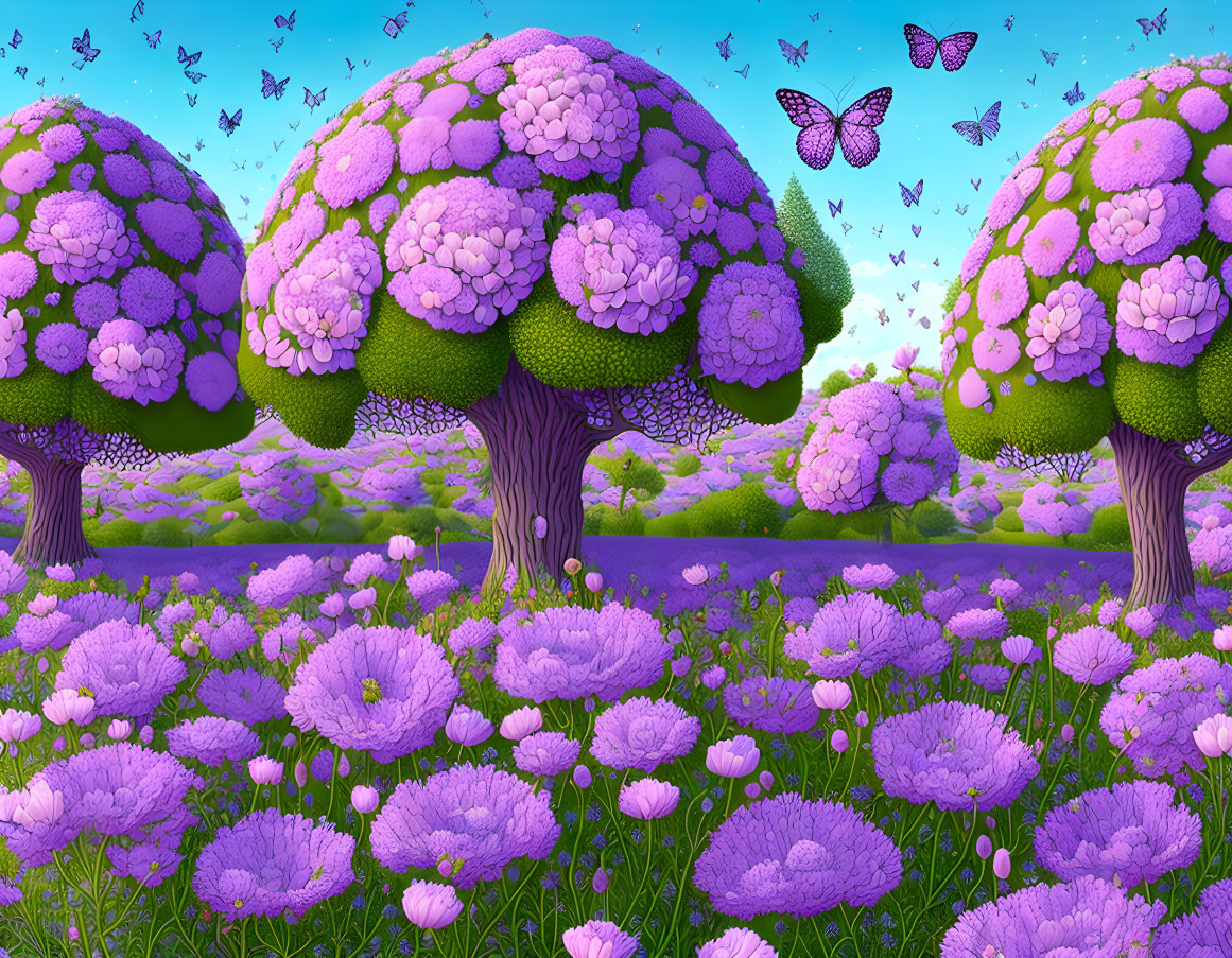 Whimsical landscape with broccoli-like trees and purple flowers