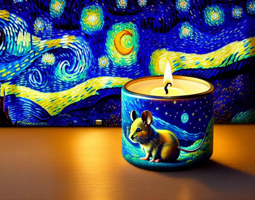 Candle with Van Gogh 'Starry Night' theme and mouse illustration on wooden surface