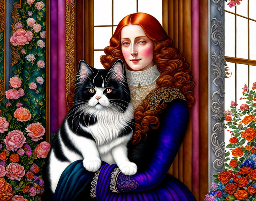 Illustrated woman with long red hair in medieval attire holding a cat by stained glass window.