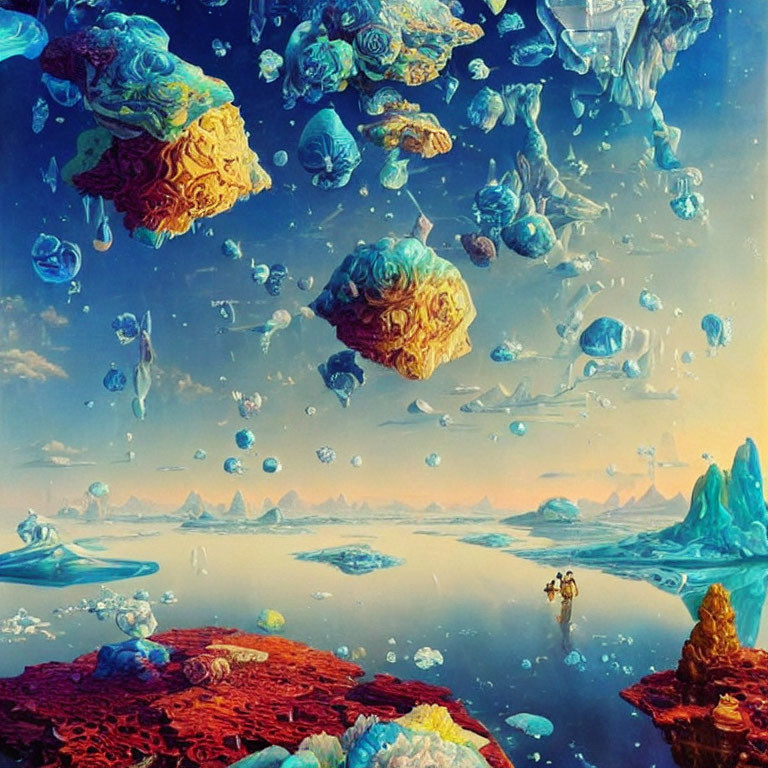 Surreal landscape with floating islands and astronaut under colorful sky