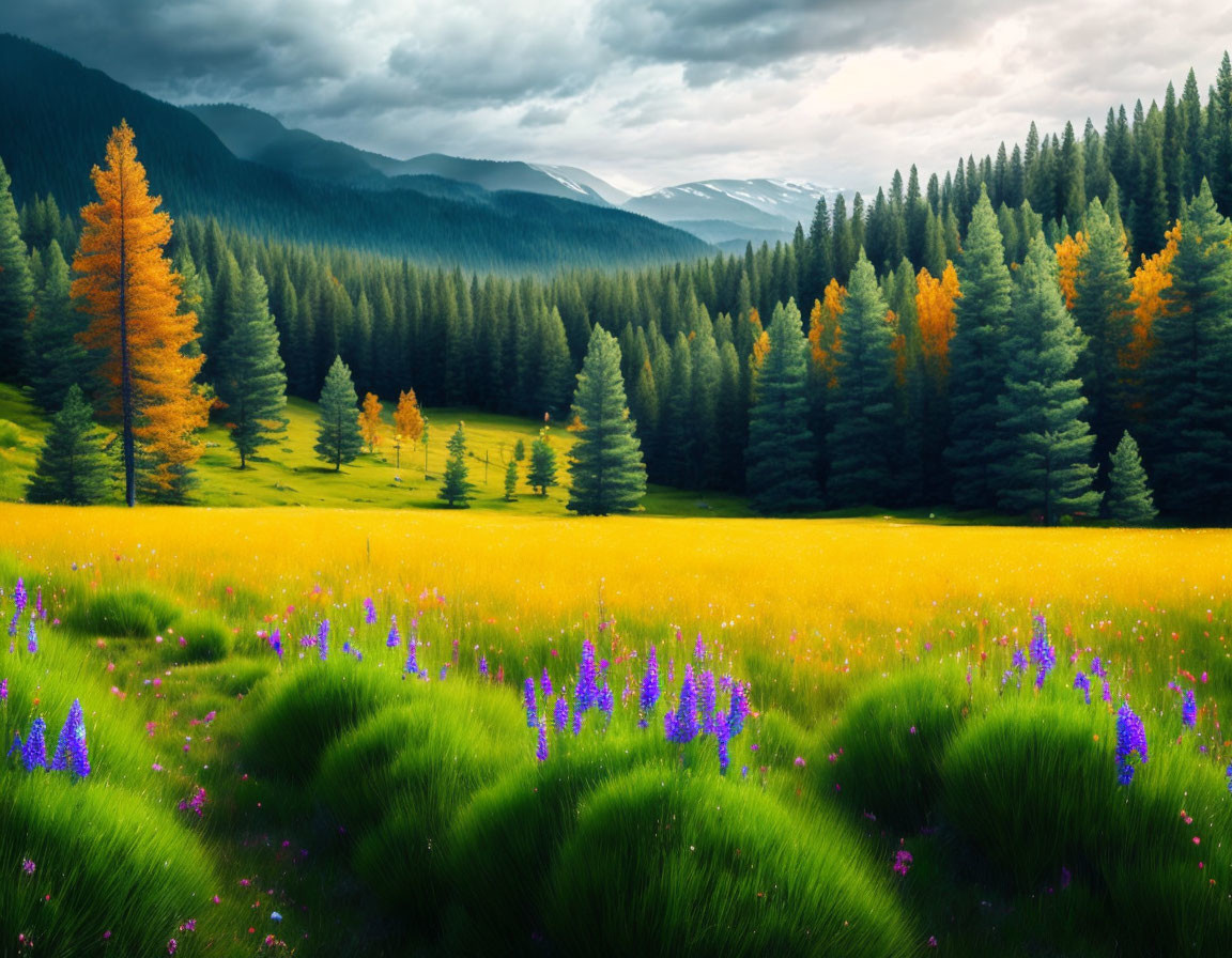 Scenic meadow with yellow and purple wildflowers and green forests