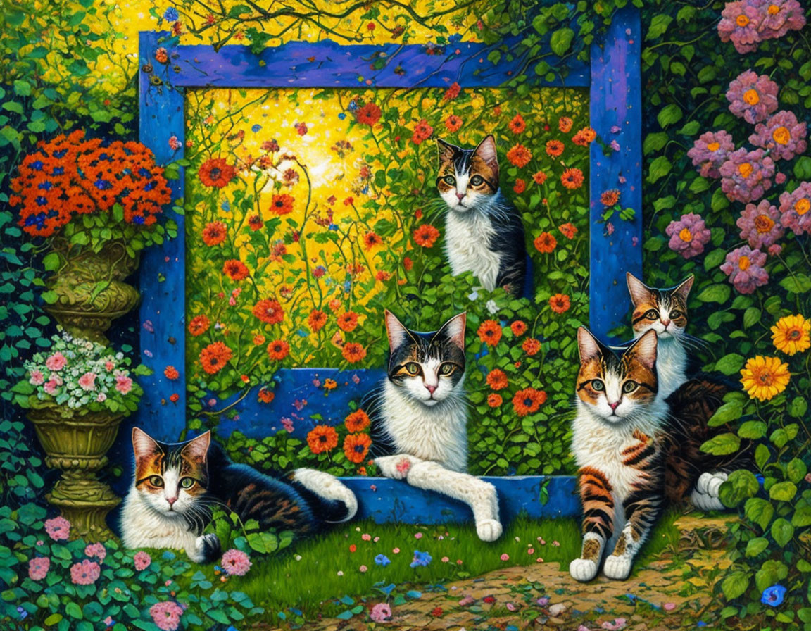 Colorful cat painting with floral backdrop and blue frame