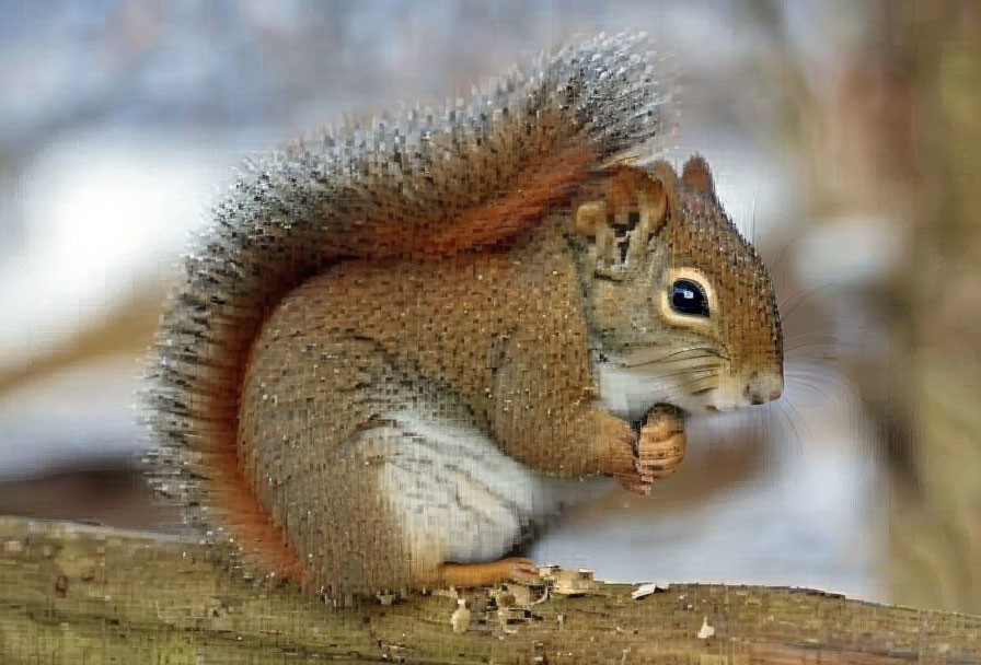 Bushy-tailed squirrel nibbling nut on branch in winter scene