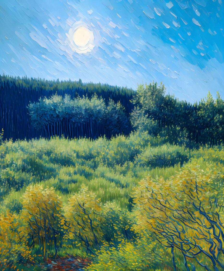 Lush landscape painting with swirling sky, dense forest, and yellow foliage