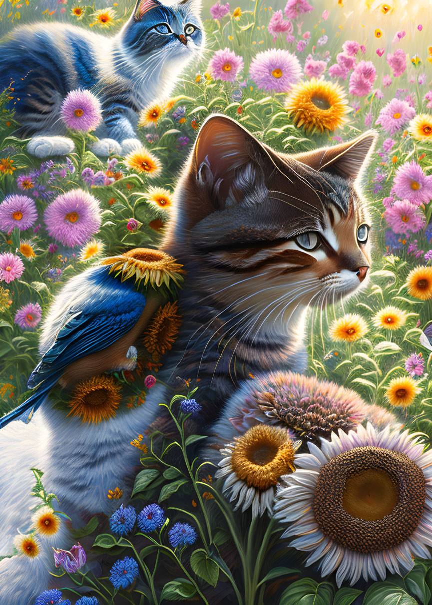 Colorful artwork featuring tabby cat, bluebird, sunflowers, daisies, and second