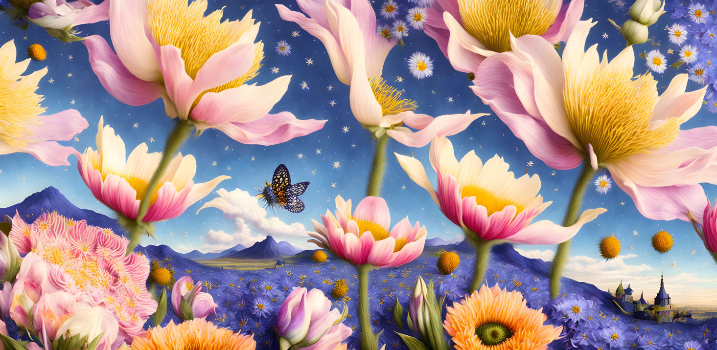 Vibrant surreal landscape with oversized flowers, butterfly, mountains, and stars