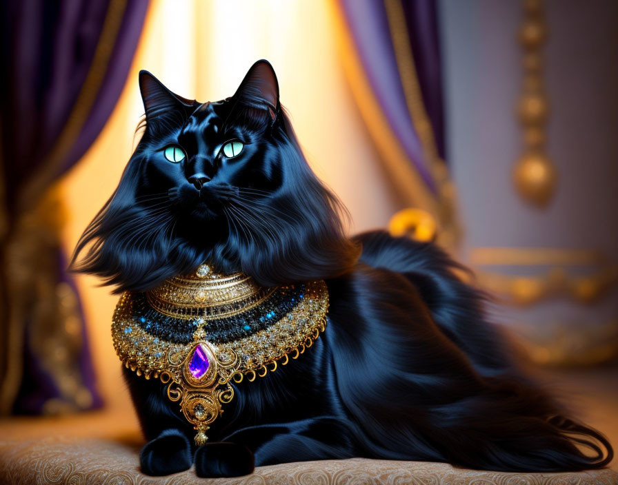 Majestic black cat with blue eyes in golden jewelry on purple background