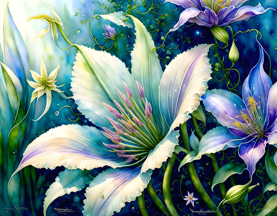 Colorful Fantasy Floral Illustration on Starry Background