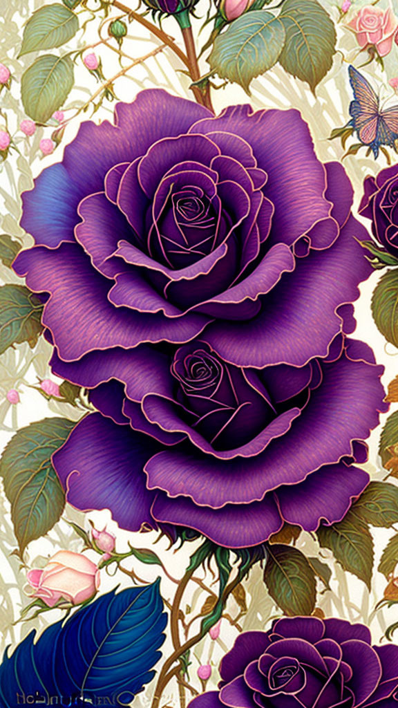 Stylized purple roses and butterfly on decorative background