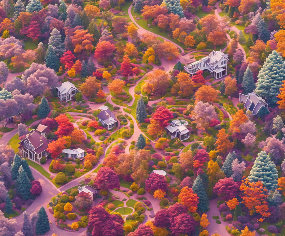 Vibrant autumn neighborhood with winding paths.