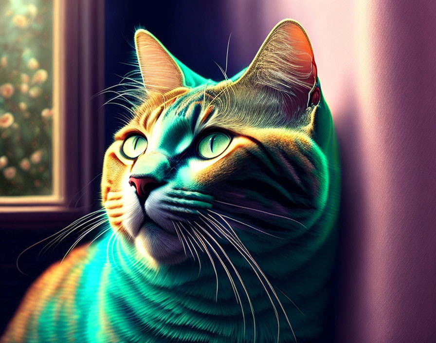 Colorful digital artwork: Cat in blue and green hues by window