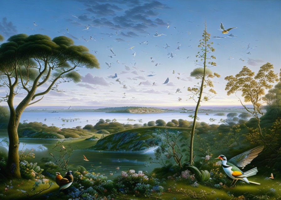 Tranquil landscape painting with lush greenery, calm lake, birds, and vibrant flora