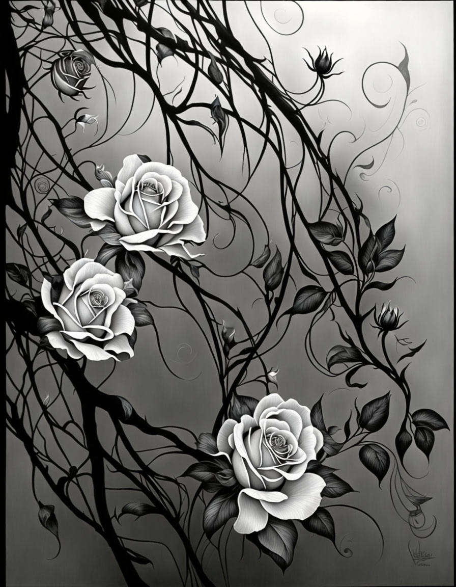 Detailed Monochromatic Artwork: Roses, Vines, and Leaves on Gradient Background