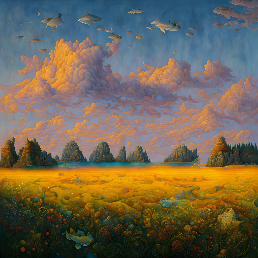 Surreal landscape with fish, orange fields, sunset clouds, forested islands, golden sea