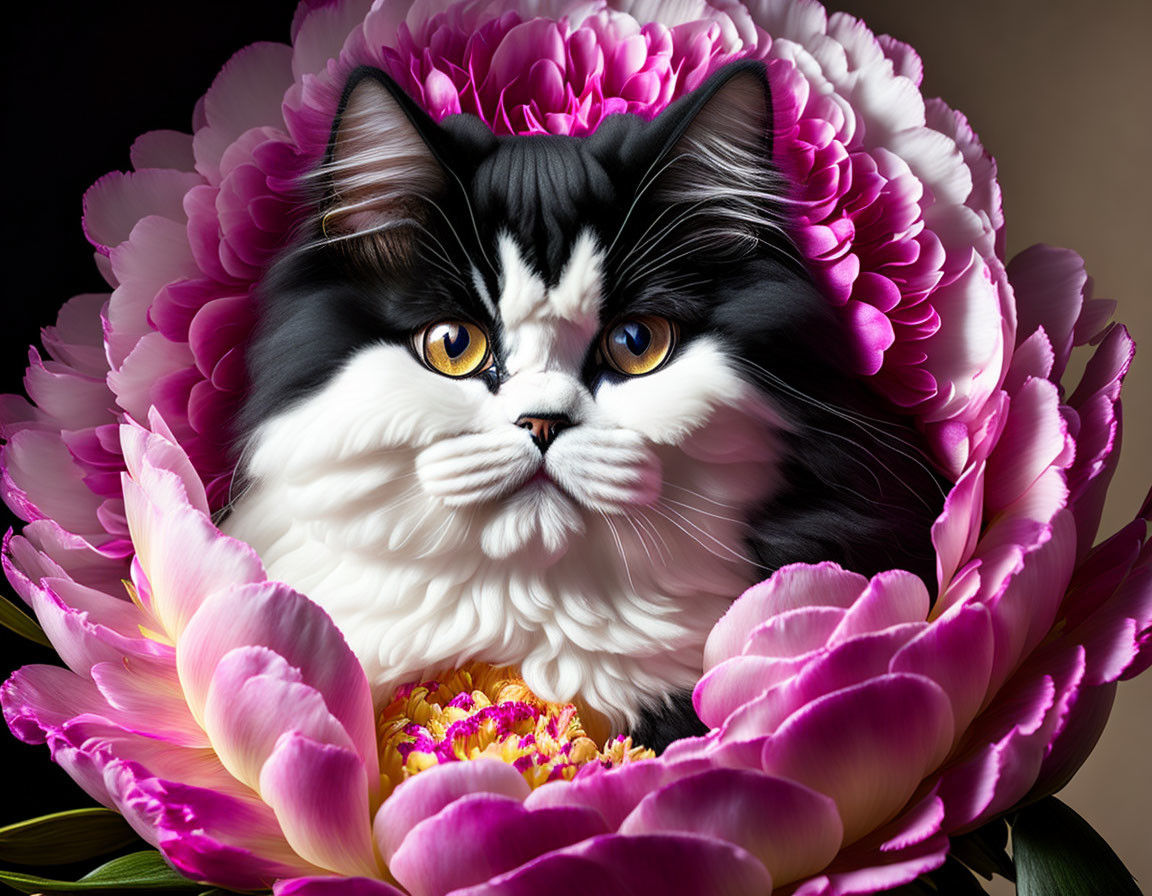 Fluffy black and white cat with yellow eyes in pink peony portrait