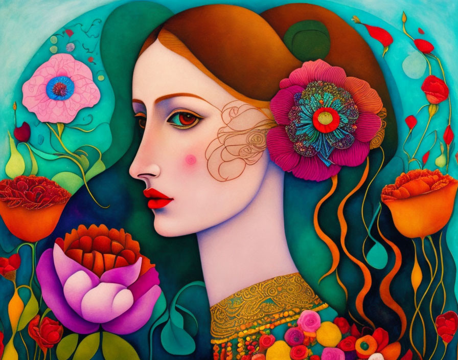 Vibrant artwork of woman with flowers and flowing hair in surreal style