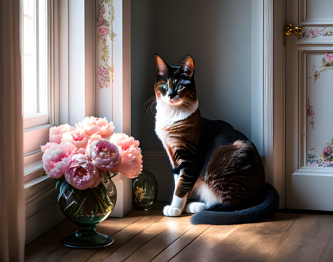 Calico Cat with Pink Peonies and Sunlight on Wooden Floor