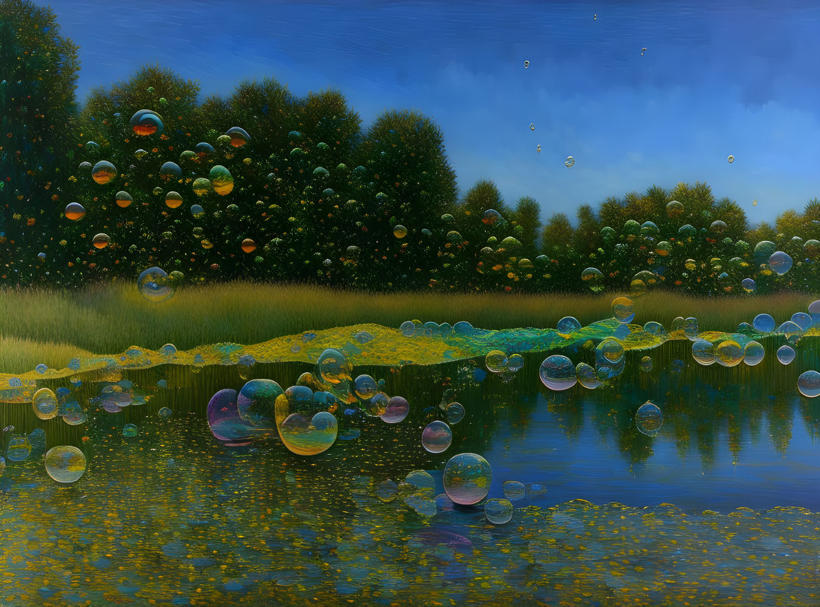 Tranquil landscape with iridescent bubbles over water