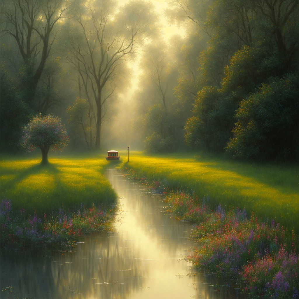 Tranquil landscape with stream, wildflowers, bench, and sunlight