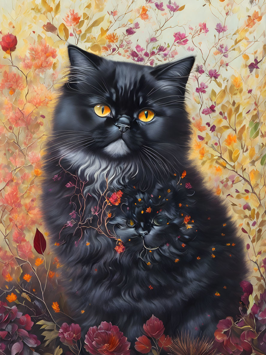 Fluffy black cat with yellow eyes in autumn setting