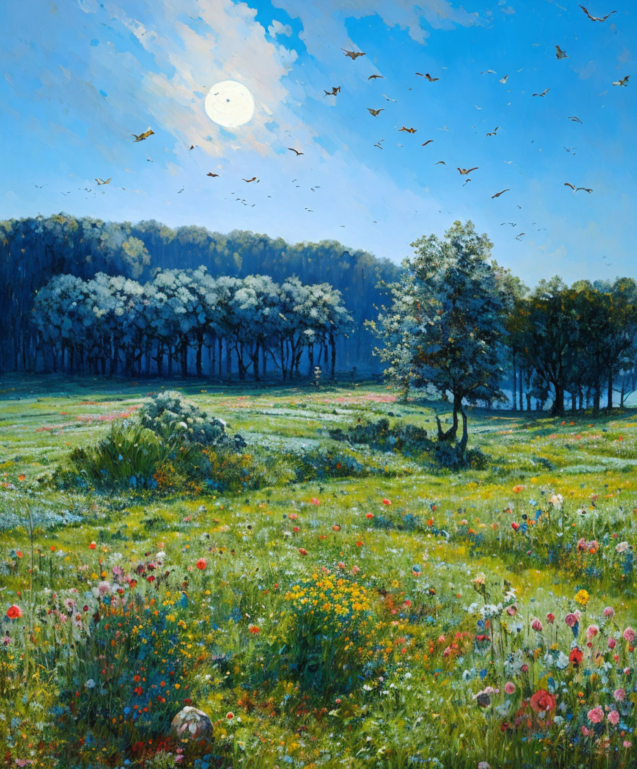 Colorful Wildflower Meadow Landscape with Trees, Birds, and Sun