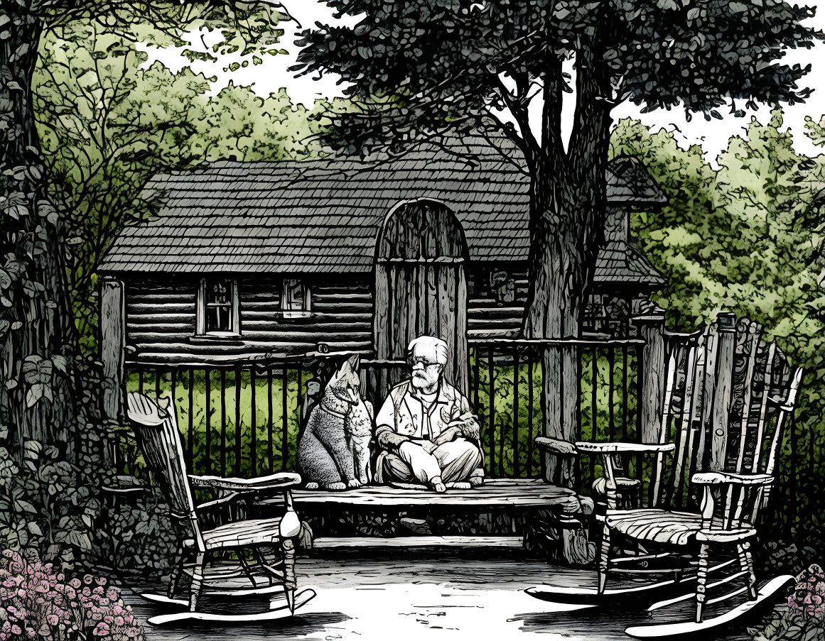 Elderly person and cat on porch bench in tranquil garden