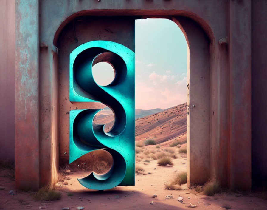 Surreal artwork: Giant blue number 8 as doorway in metallic structure to desert landscape.