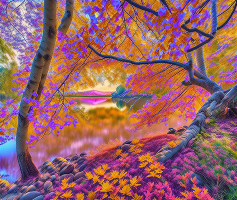 Surreal landscape with pink-purple foliage and reflective water