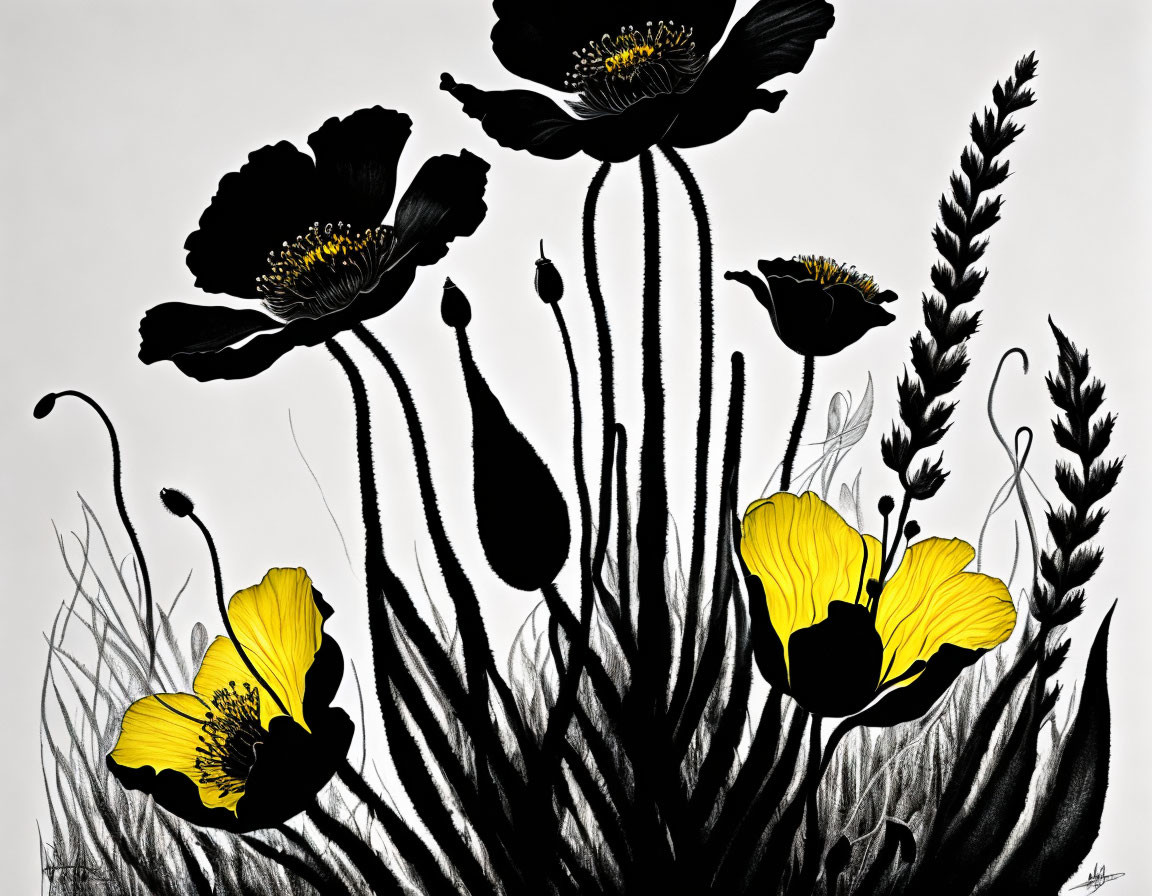 Detailed Black and Yellow Poppies on White Background